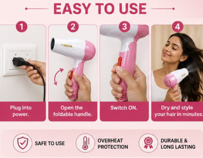 NOVA Foldable Hair Dryer 1000W – Fast Drying &amp; Travel Friendly