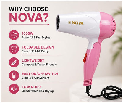 NOVA Foldable Hair Dryer 1000W – Fast Drying &amp; Travel Friendly